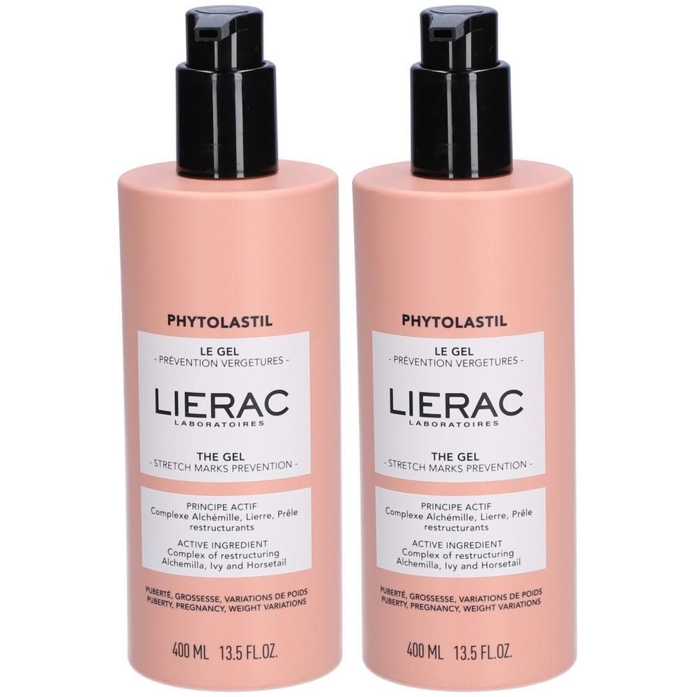 Twee flessen Lierac Phytolastil gel. Roze flessen met zwarte pomp. Etiket met productinfo.