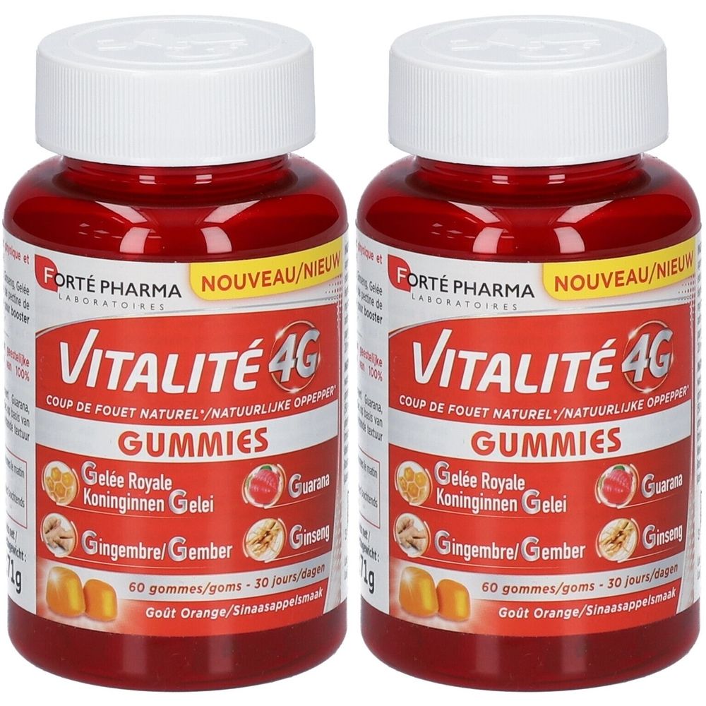 Deux flacons de Vitalité 4G Gummies. Flacons rouges, bouchons blancs. Inscription: Forté Pharma, Vitalité 4G, Gummies, 60 gommes.