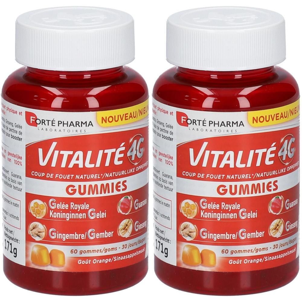 Twee flessen Vitalité 4G Gummies. Rode containers met witte deksels. Opschrift: Vitalité 4G Gummies, Gelee Royale, Gember, 60 gummies.