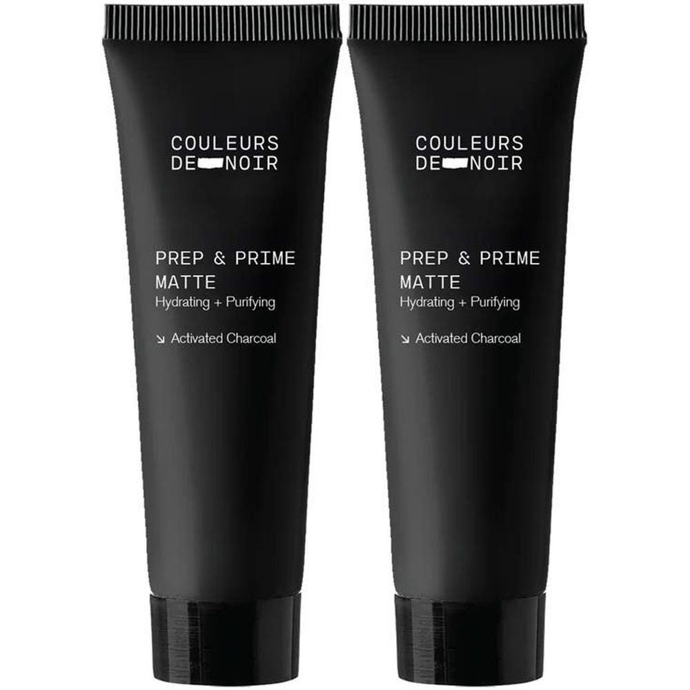 Deux tubes noirs avec texte blanc. Inscription: COULEURS DE NOIR, PREP & PRIME MATTE, Hydrating + Purifying, Activated Charcoal.