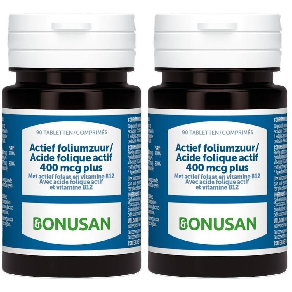 Twee flessen BONUSAN. Etiket: Actief foliumzuur/Acide folique actif 400 mcg plus. 90 tabletten.