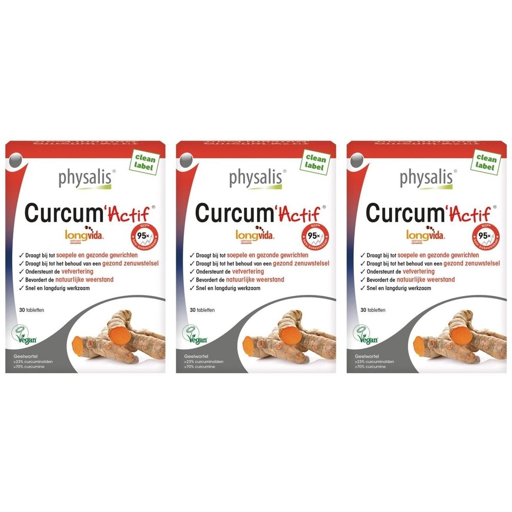 Drie verpakkingen Physalis® Curcum'Actif. Rode en witte verpakking met productnaam en kurkuma-afbeelding. Vegan logo.