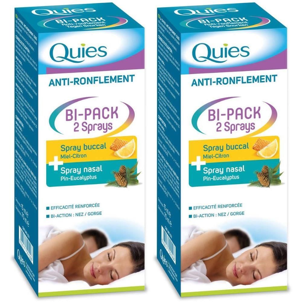Twee verpakkingen. Opschrift: Quies Anti-Snurken Bi-Pack, 2 sprays. Mond- en neusspray. Illustratie van een slapende persoon.