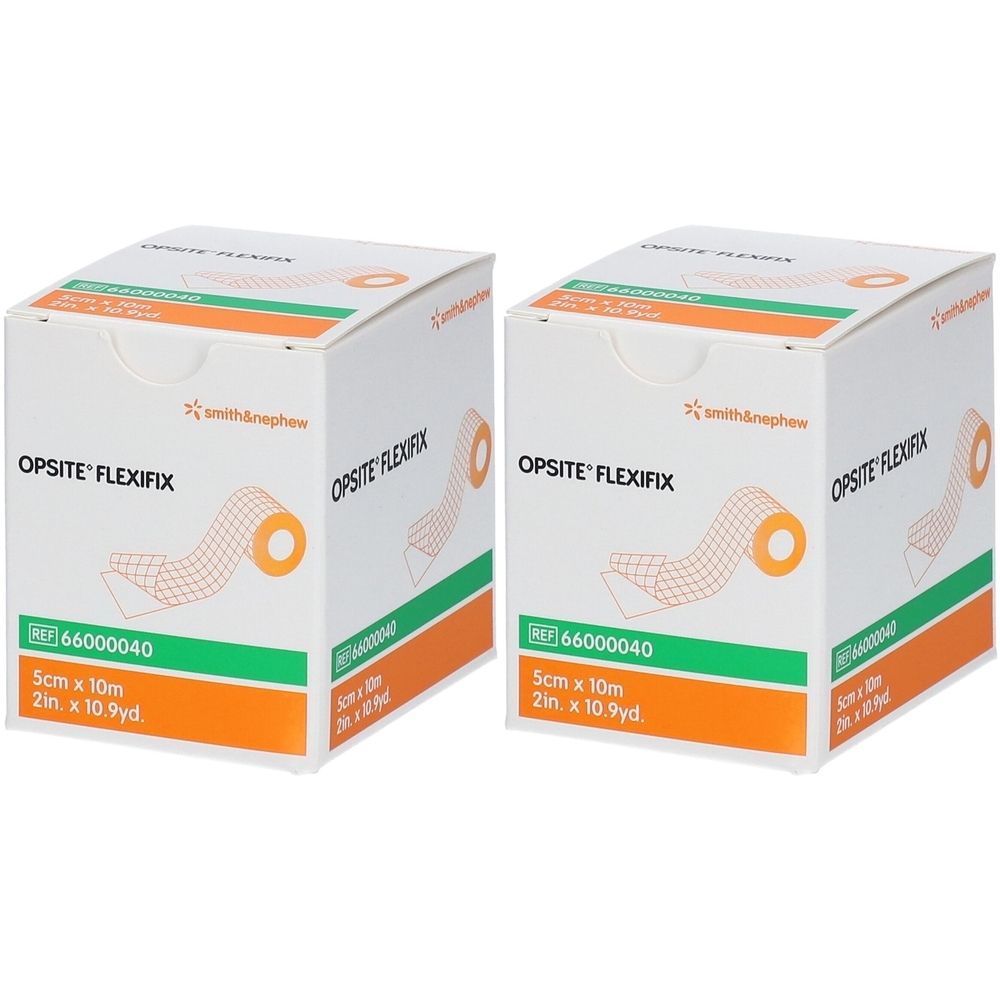 Twee witte dozen met oranje accenten. Opschrift: OPSITE FLEXIFIX, 5cm x 10m. Merk Smith & Nephew.