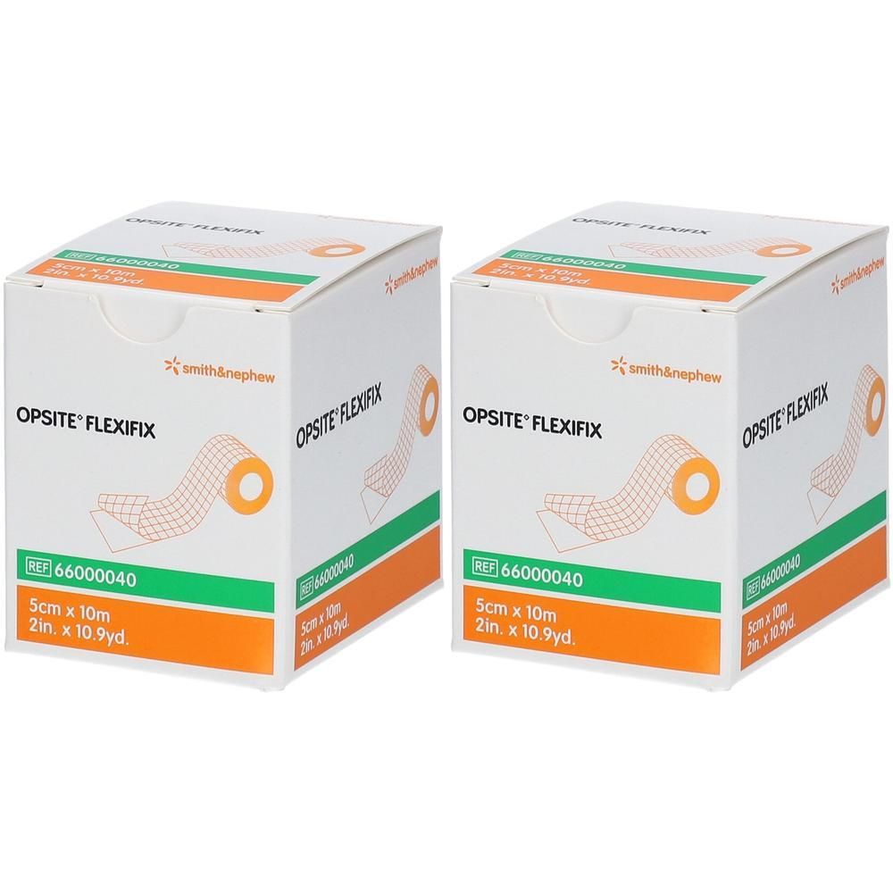Deux boîtes Opsite Flexifix. Inscription : 5 cm x 10 m, Smith & Nephew. Éléments orange et verts.