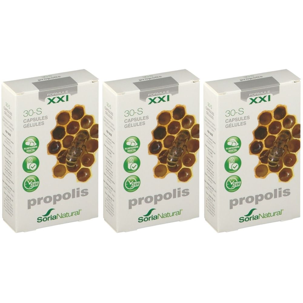 Trois boîtes blanches. Sur chacune : « 30-S Capsules Gélules », motif nid d'abeilles, abeille, « propolis » et « Soria Natural ».