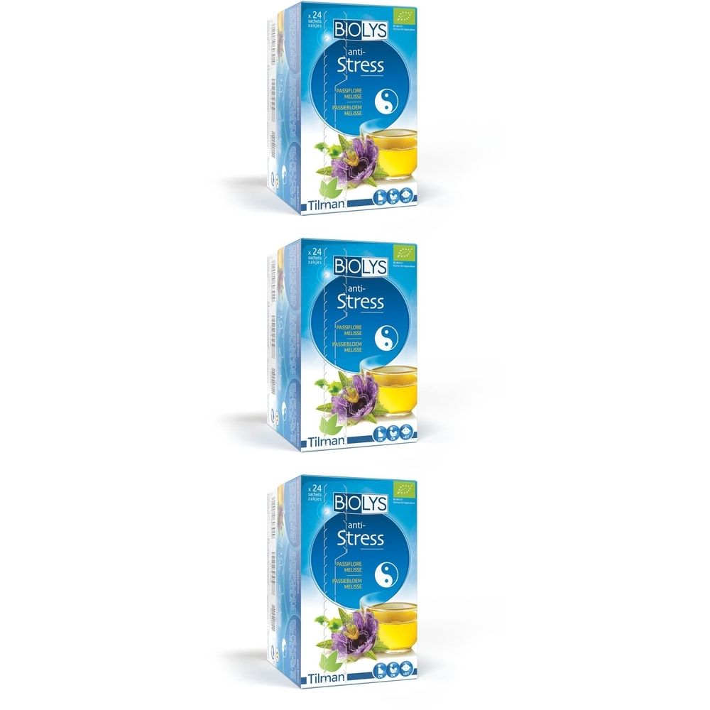 Drie dozen Biolys Anti-Stress thee. Blauwe verpakking met logo, yin-yang symbool en afbeelding van thee en bloemen.