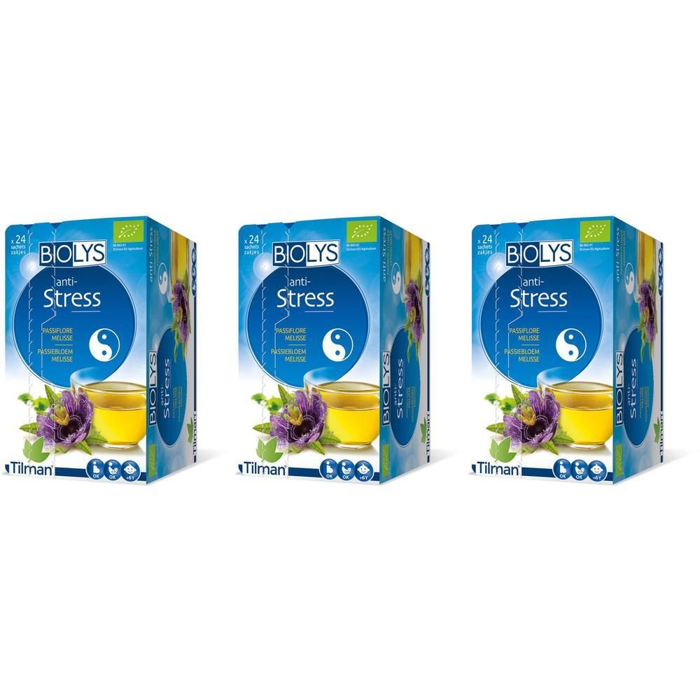 Drie verpakkingen BIOLYS Anti-Stress. Blauwe verpakking met Yin-Yang symbool, theekopje en passiebloem. 24 zakjes.