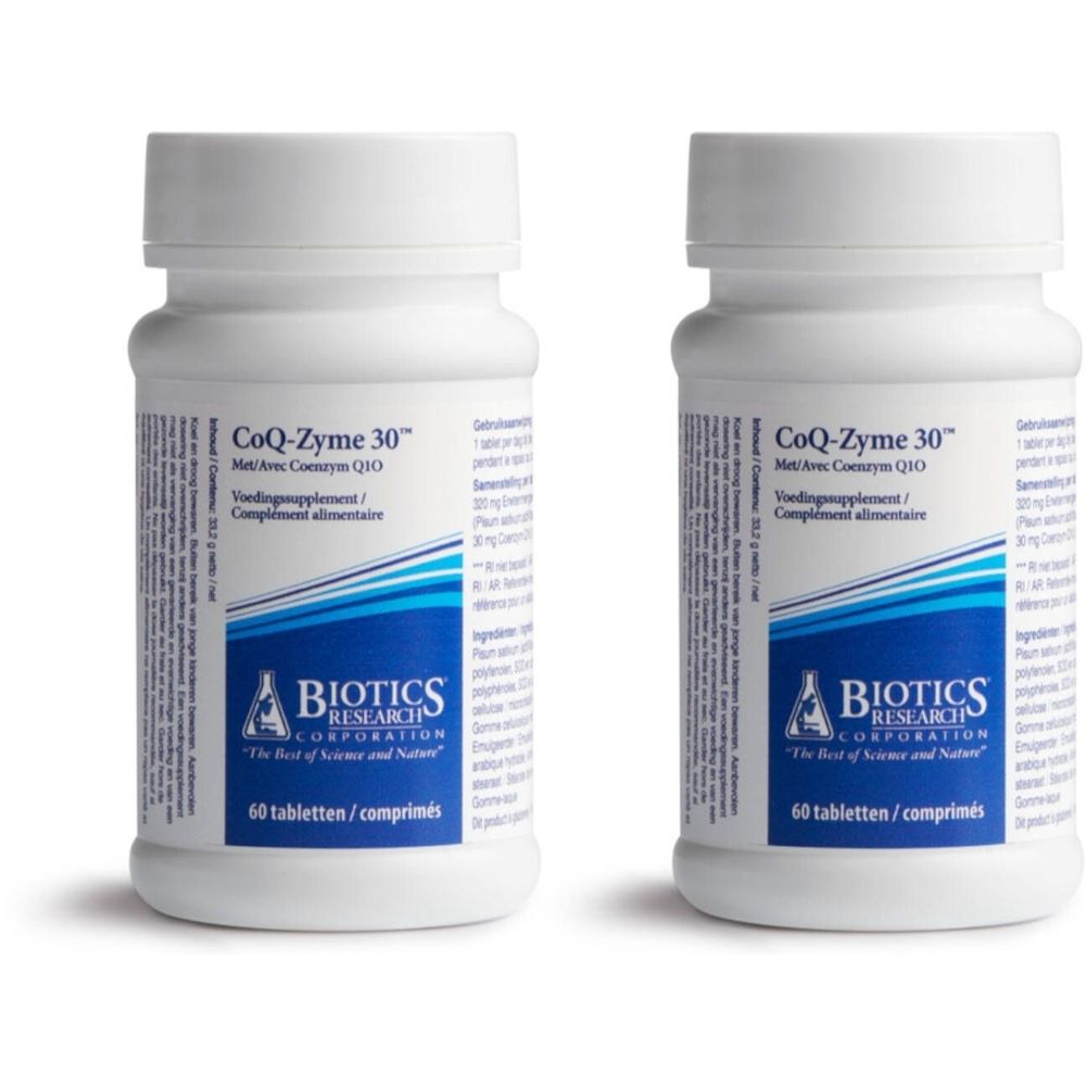 Deux flacons blancs avec l'étiquette "CoQ-Zyme 30". L'étiquette indique "Biotics Research Corporation" et "60 tabletten/comprimés".