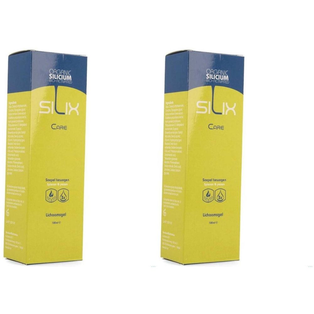 Deux boîtes rectangulaires. Face avant jaune, dessus bleu. Inscription SILIX Care. Texte et symboles.