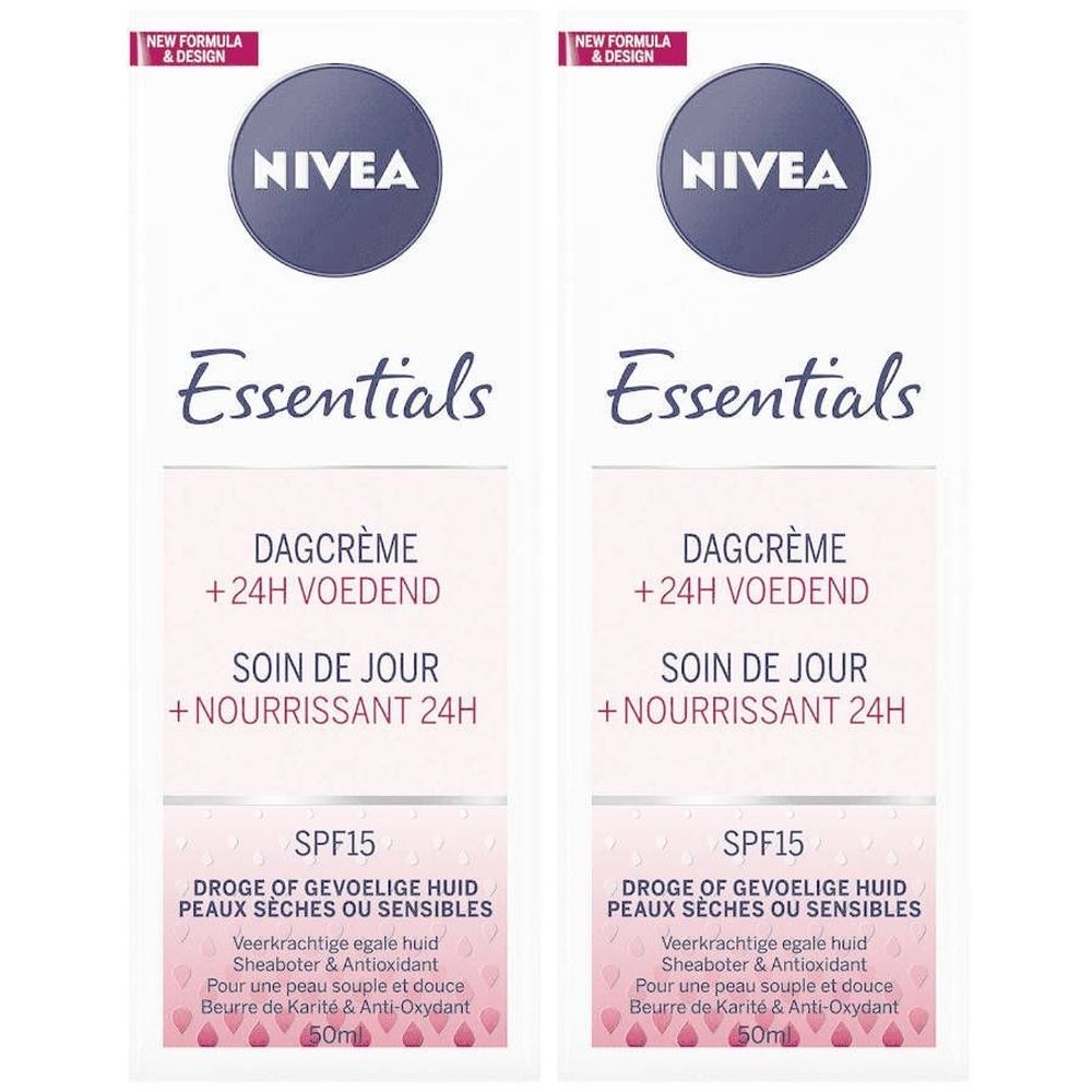 Twee identieke verpakkingen van NIVEA Essentials Soin de Jour. Blauwe cirkels met NIVEA-logo. Tekst: Essentials, Dagcrème, Soin de Jour, SPF15.