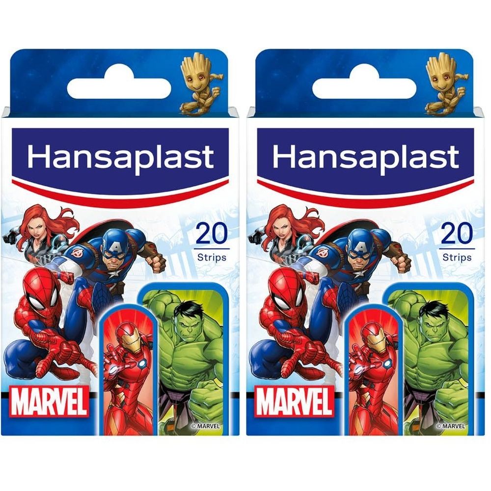 Twee verpakkingen Hansaplast pleisters met Marvel-thema. Elke verpakking toont 20 strips en Marvel-figuren zoals Spider-Man en Hulk.