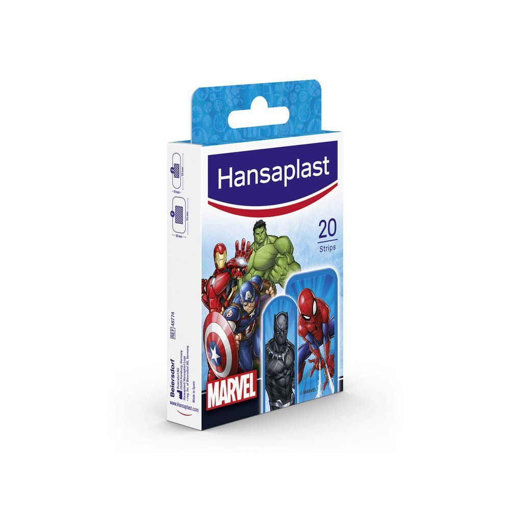 Paquet de pansements Hansaplast Marvel. Contient 20 strips. Vue de face et de côté. Logo et personnages visibles.