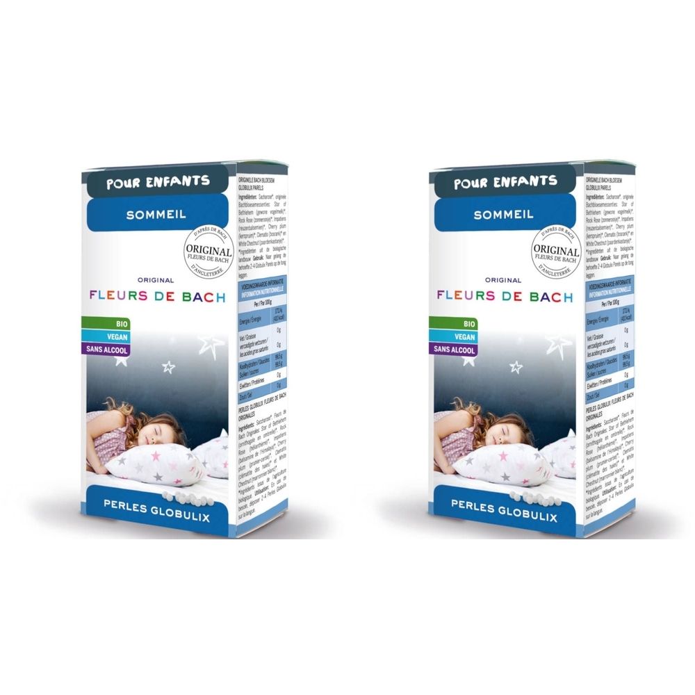 Twee rechthoekige dozen met productinformatie. Opschrift: POUR ENFANTS SOMMEIL, FLEURS DE BACH, PERLES GLOBULIX. Bio-certificering.