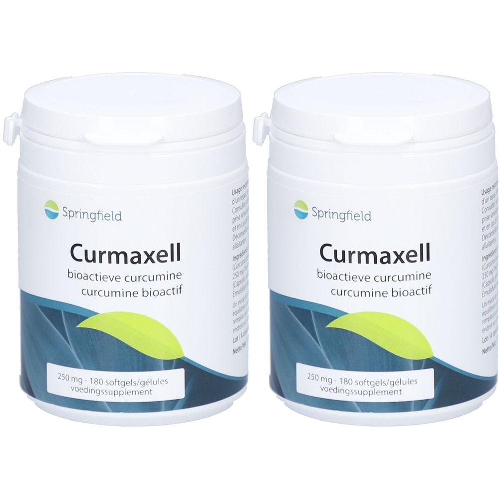 Twee witte potten met deksels. Opschrift: Curmaxell, bioactieve curcumine. 250 mg - 180 softgels. Merk Springfield.