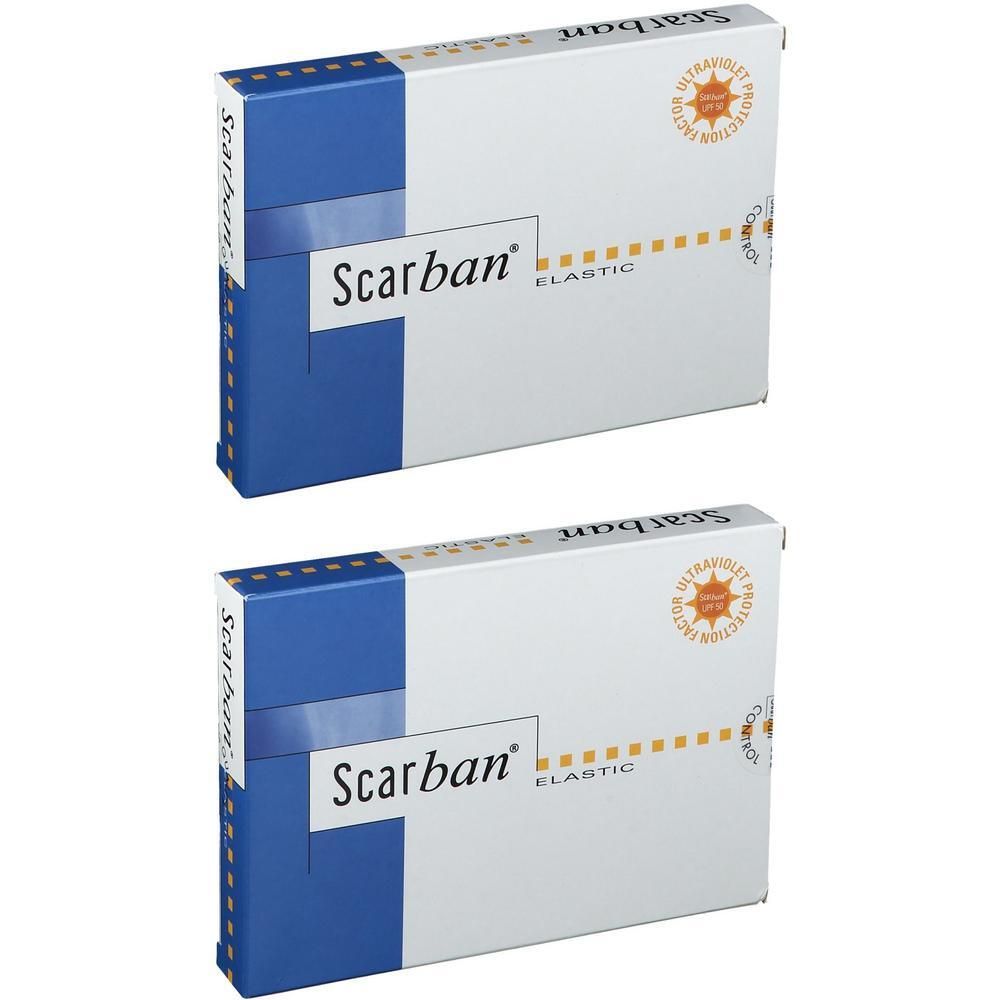 Deux boîtes Scarban Elastic. Emballage blanc avec accents bleus et jaunes. Inscription Scarban Elastic.