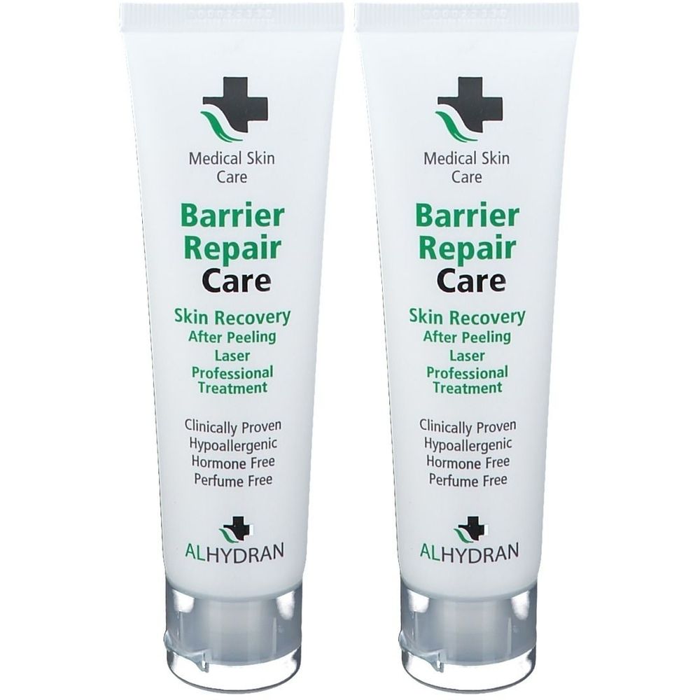 Deux tubes de Alhydran Barrier Repair Care. Blanc avec texte vert. Informations sur les soins et traitements de la peau.