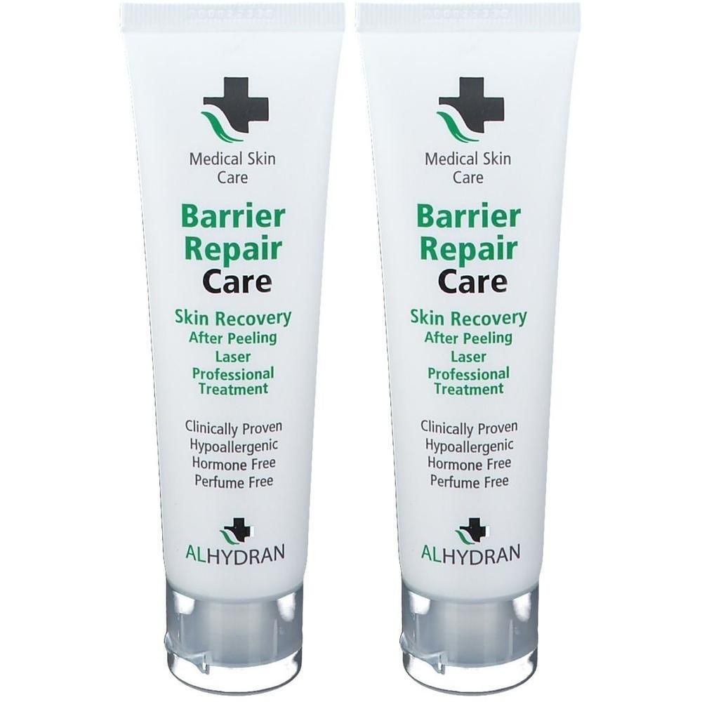 Deux tubes blancs. Inscription: Barrier Repair Care, ALHYDRAN. Soin médical de la peau. Texte vert et noir.