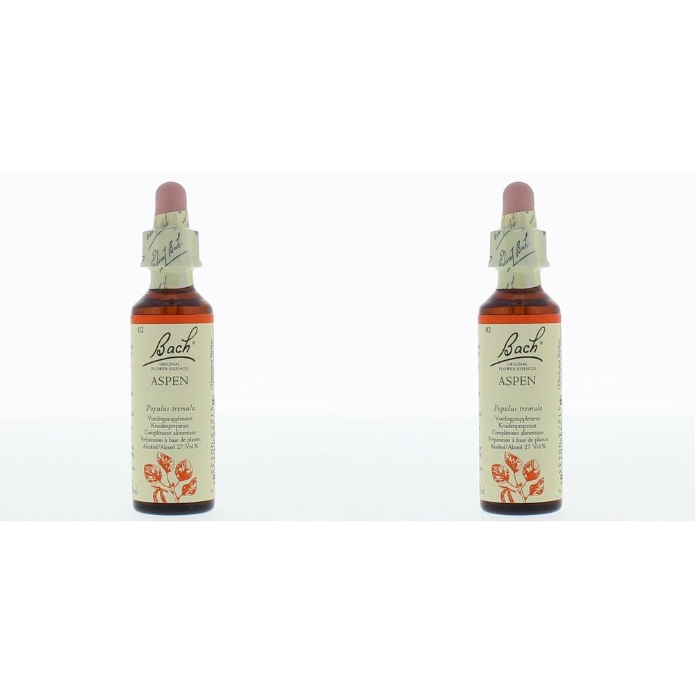 Deux flacons de liquide brun avec bouchon rose et étiquette. Inscription : Bach Aspen.