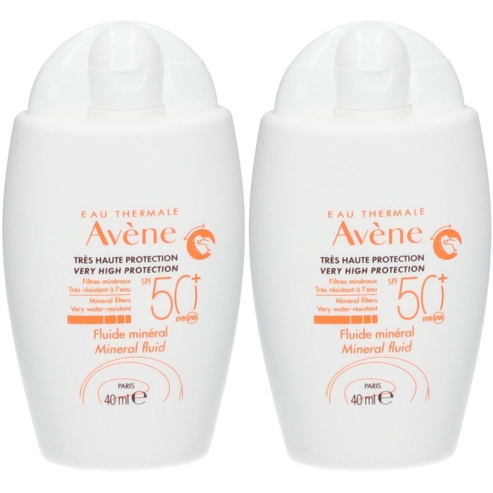 Twee witte flacons met Avène, SPF 50+. Minerale zonnebrandcrème. 40 ml. Zeer hoge bescherming.