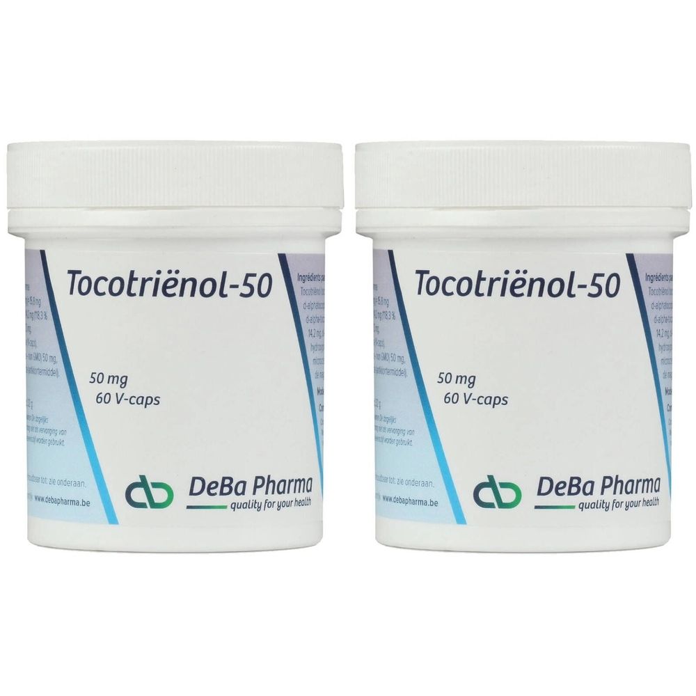 Twee witte potten met deksels. Opschrift: Tocotrienol-50, 50 mg, 60 V-caps. Logo en naam DeBa Pharma.