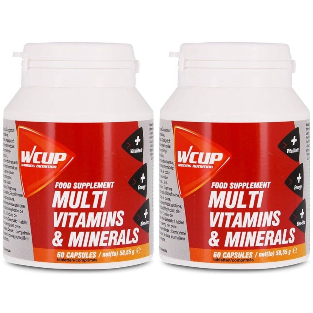 Twee witte flessen met rood etiket. Opschrift: WCUP Multi Vitamins & Minerals. 60 capsules.