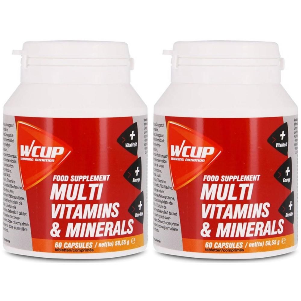 Twee witte flessen met rood etiket. Opschrift: Wcup, Multi Vitamins & Minerals, 60 capsules.