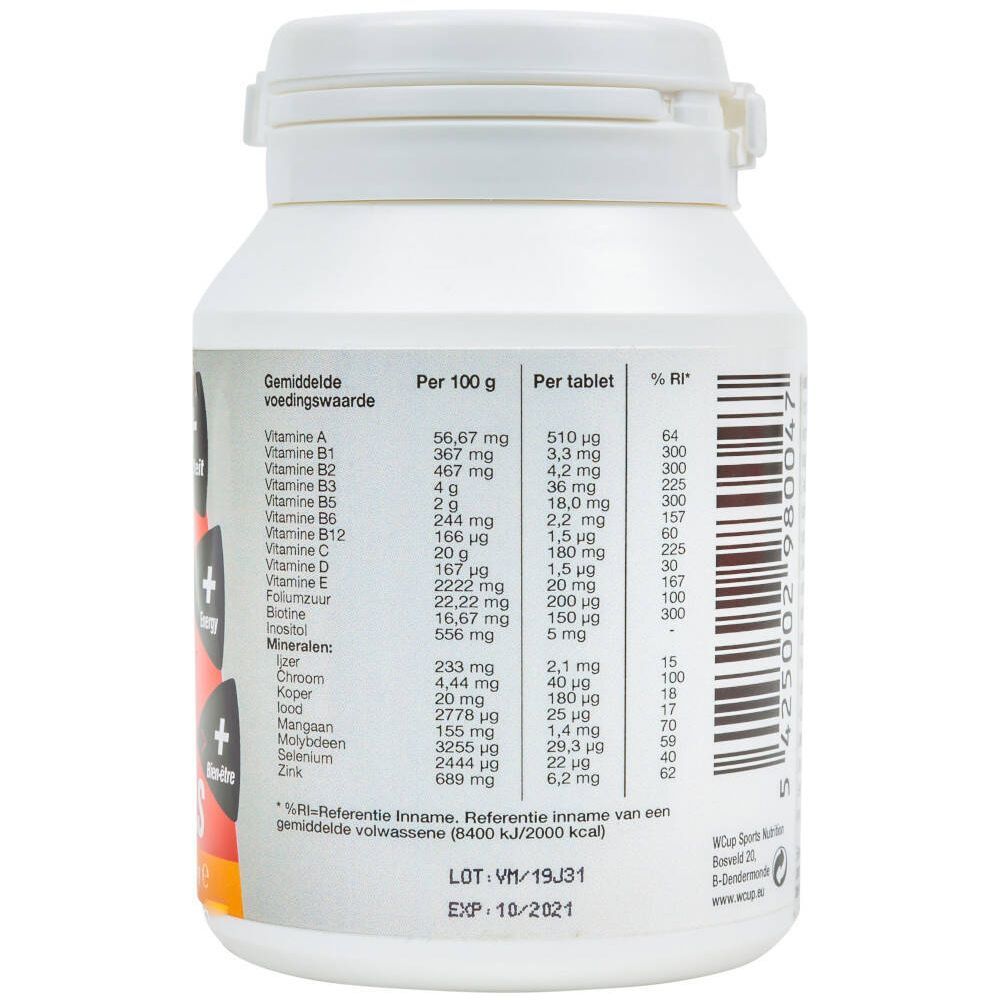 Achterkant van een witte fles. Tekst met voedingswaarde per 100g en tablet, en %RI.