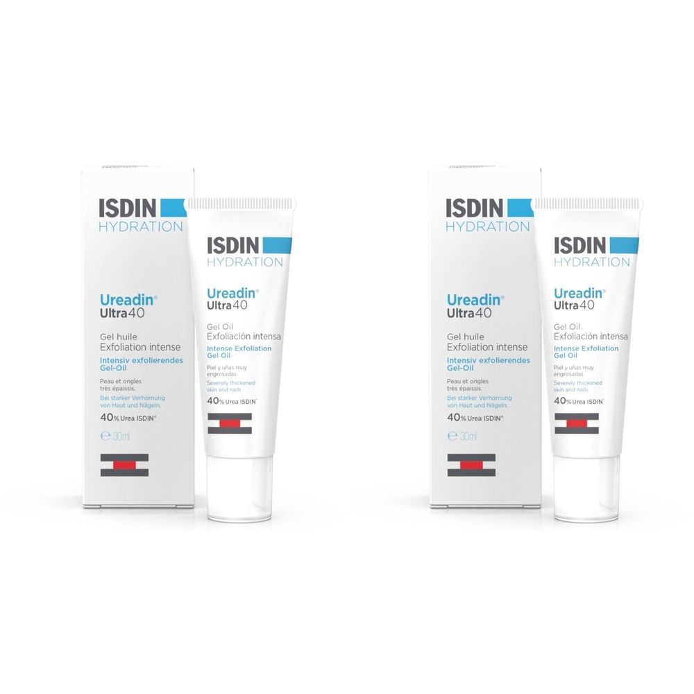 Deux tubes et boîtes de ISDIN Ureadin Ultra40. Inscription : Hydration, Ureadin Ultra40, Gel Oil, Exfoliation intense, 40%.
