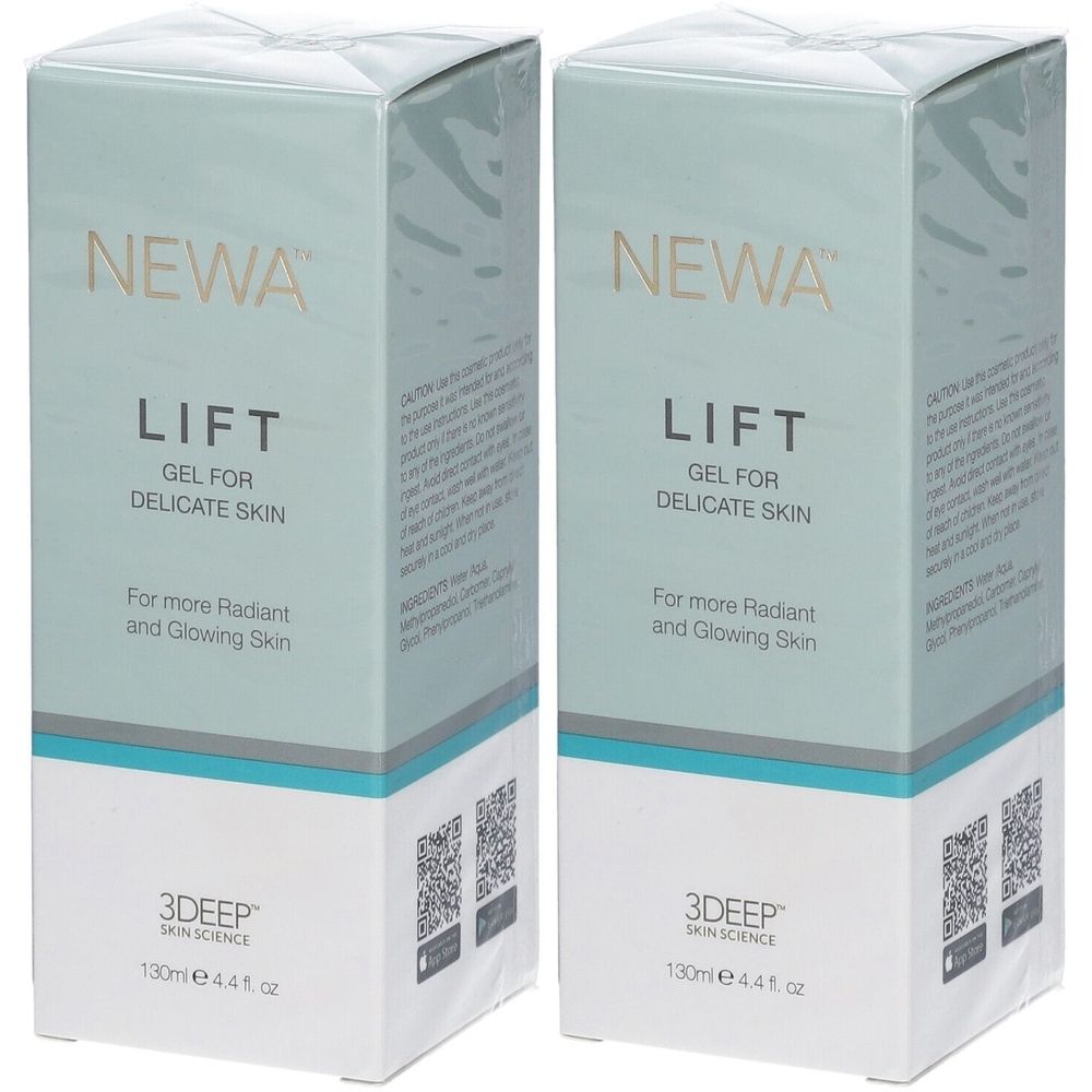 Twee rechthoekige dozen met productopdruk. Opschrift: NEWA LIFT Gel voor de gevoelige huid. 130ml.