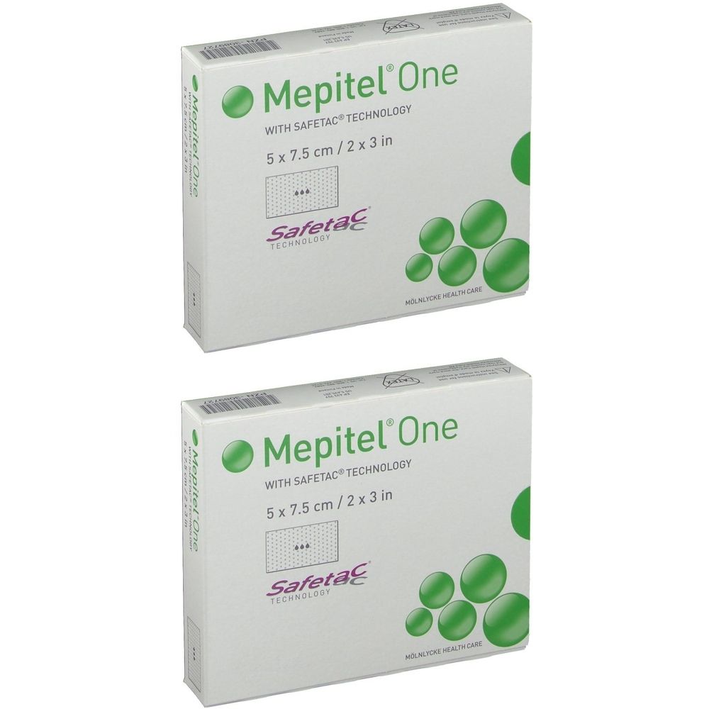 Twee dozen Mepitel® One, 5 x 7,5 cm. Opschrift: Safetac® Technology. Groene cirkels als designelement.