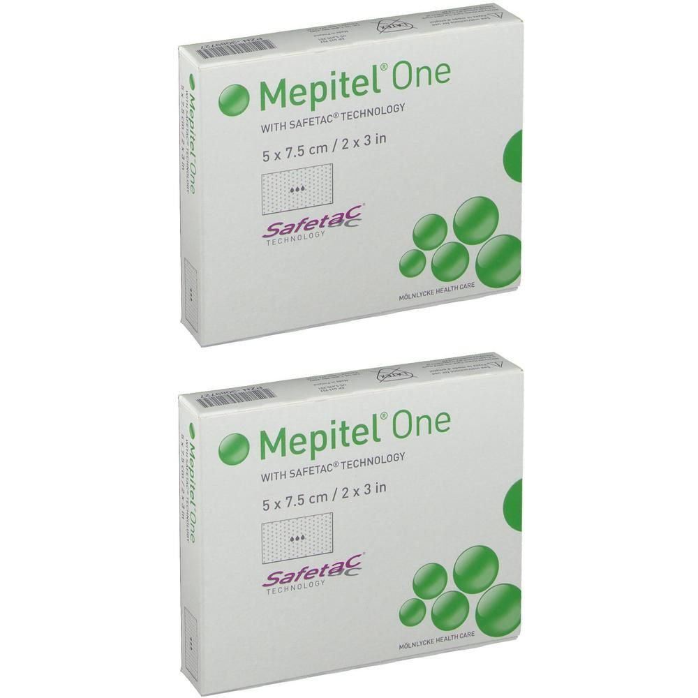 Twee dozen Mepitel® One, 5 x 7,5 cm. Opschrift: Safetac® Technology. Groene cirkels als designelement.