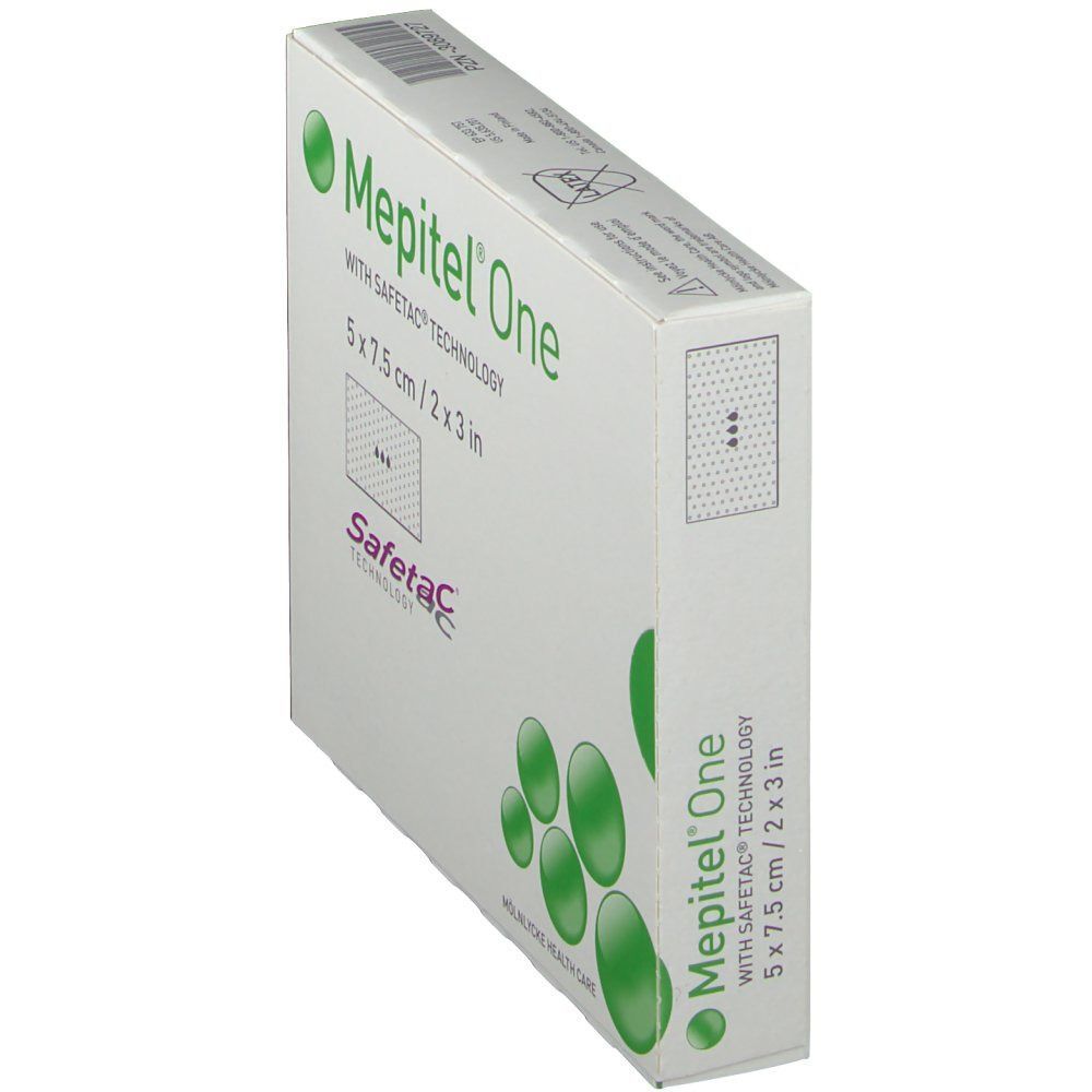 Mepitel® One doos, 5 x 7,5 cm. Opschrift: Safetac® Technology. Zijaanzicht. Groene cirkels als designelement.