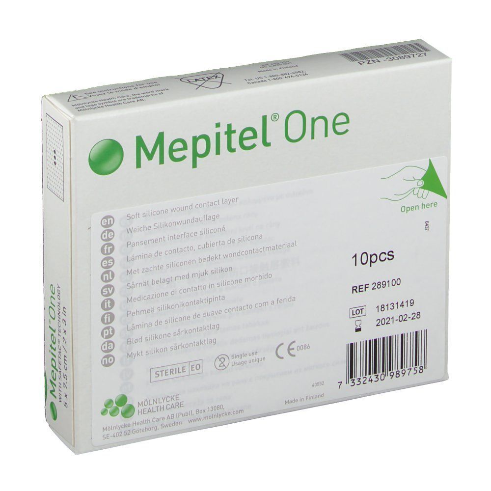 Achterkant van de Mepitel® One doos. Bevat 10 stuks. Informatie over fabrikant, lotnummer en vervaldatum.