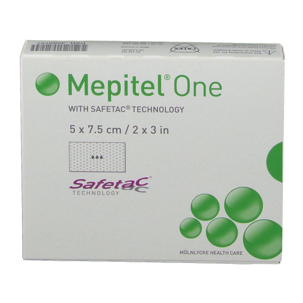 Mepitel® One doos, 5 x 7,5 cm. Opschrift: Safetac® Technology. Groene cirkels als designelement.
