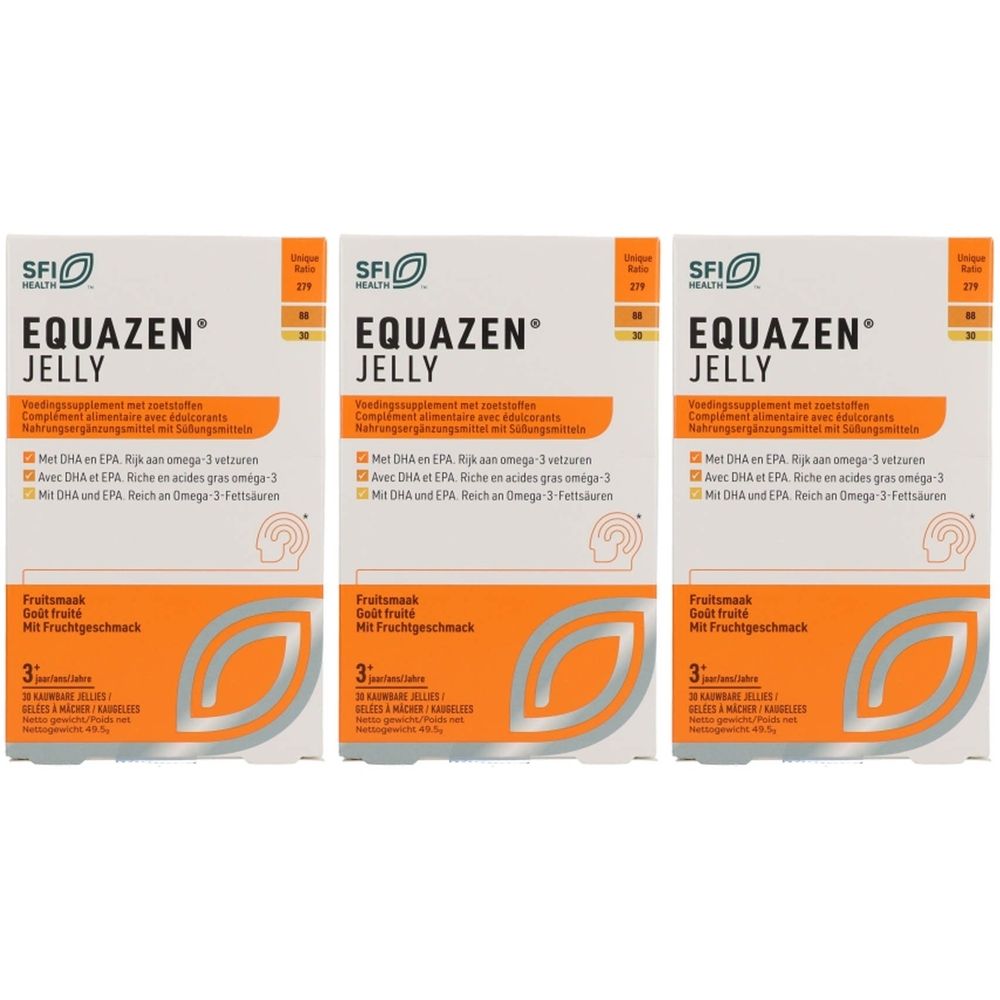 Drie dozen Equazen Jelly. Witte verpakking met oranje band. Tekst: Equazen Jelly, DHA, EPA, Omega-3. Fruitsmaak.