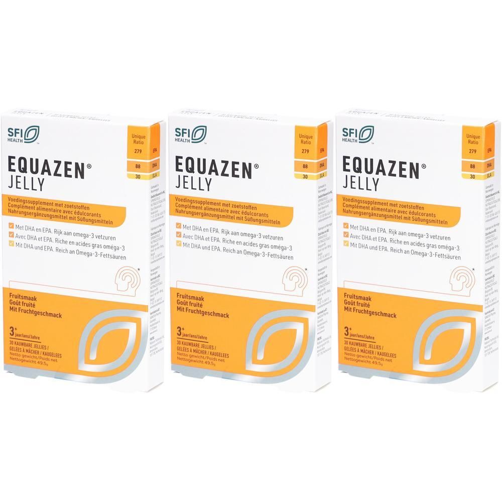 Trois boîtes Equazen Jelly. Emballage blanc avec encart orange. Texte: Equazen Jelly, goût fruité, 30 pièces.