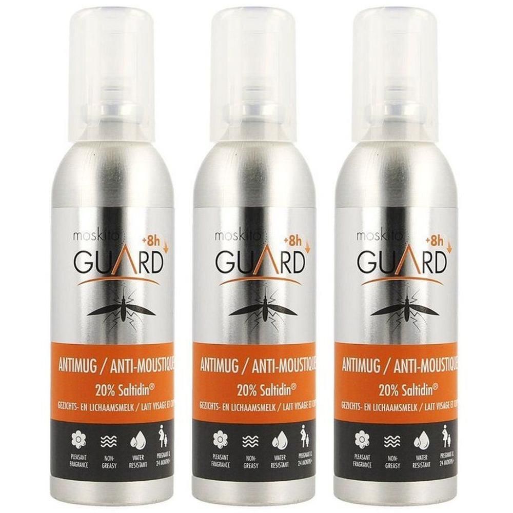 Drie zilverkleurige spuitbussen met witte dop. Opschrift GUARD, daaronder een insect. Tekst: ANTIMUG/ANTI-MOUSTIQUE, 20% Saltidin.