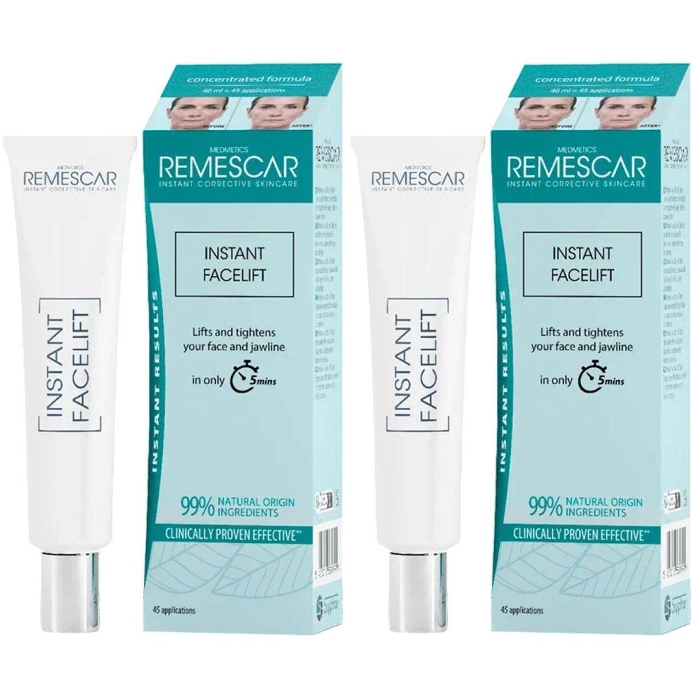 Deux tubes et deux boîtes. Inscription : Remescar Instant Facelift. 99% ingrédients naturels. Efficacité cliniquement prouvée.