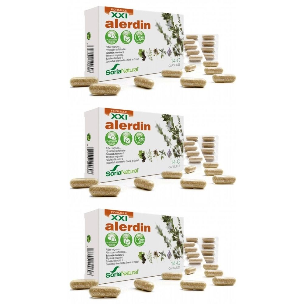 Drie dozen met capsules. Opschrift: XXI alerdin. Merk: Soria Natural. Capsules verspreid.