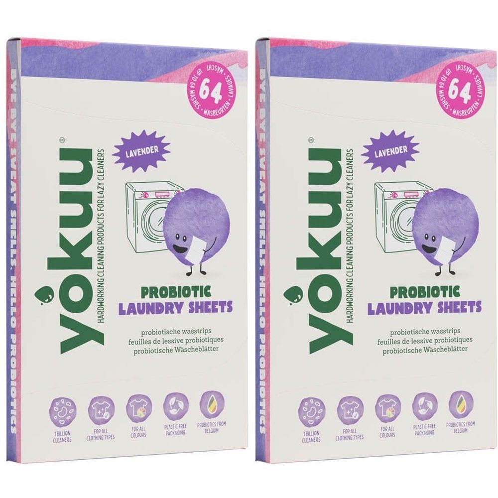 Deux boîtes de feuilles de lessive YOKUU® Lavande. Inscriptions : 64, Probiotique, pour paresseux. Illustration : boule violette avec machine à laver.