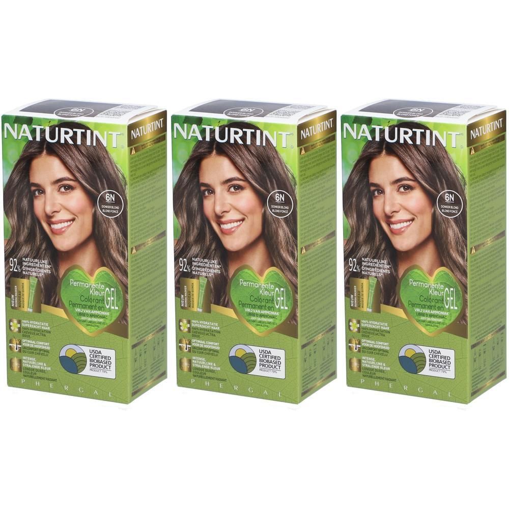 Trois boîtes de NATURTINT Coloration Permanente 6N Blond foncé. Chaque boîte présente une femme aux cheveux bruns et des informations.