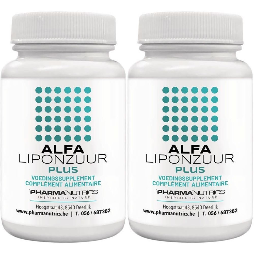 Twee witte flessen met schroefdop. Opschrift: ALFA LIPONZUUR PLUS, voedingssupplement. Merk: PharmaNutrics.