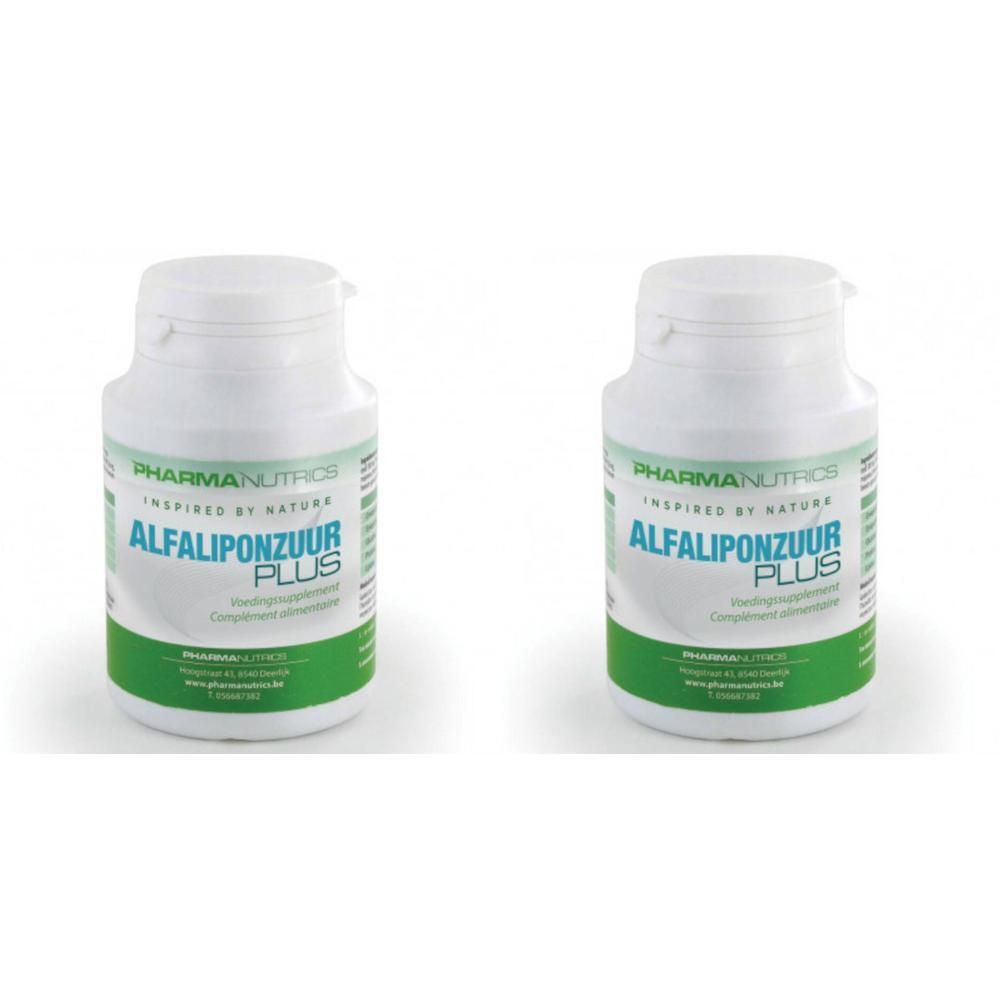 Twee witte flessen met groen etiket. Opschrift: PharmaNutrics ALIFALIPONZUUR PLUS.