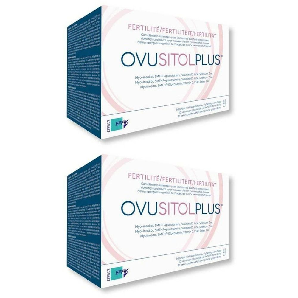 Deux boîtes Ovusitolplus®. Inscription : Fertilité/Fertiliteit/Fertilitat. Contient Myo-inositol, D-chiro-inositol, acide folique, vitamine D, B12.