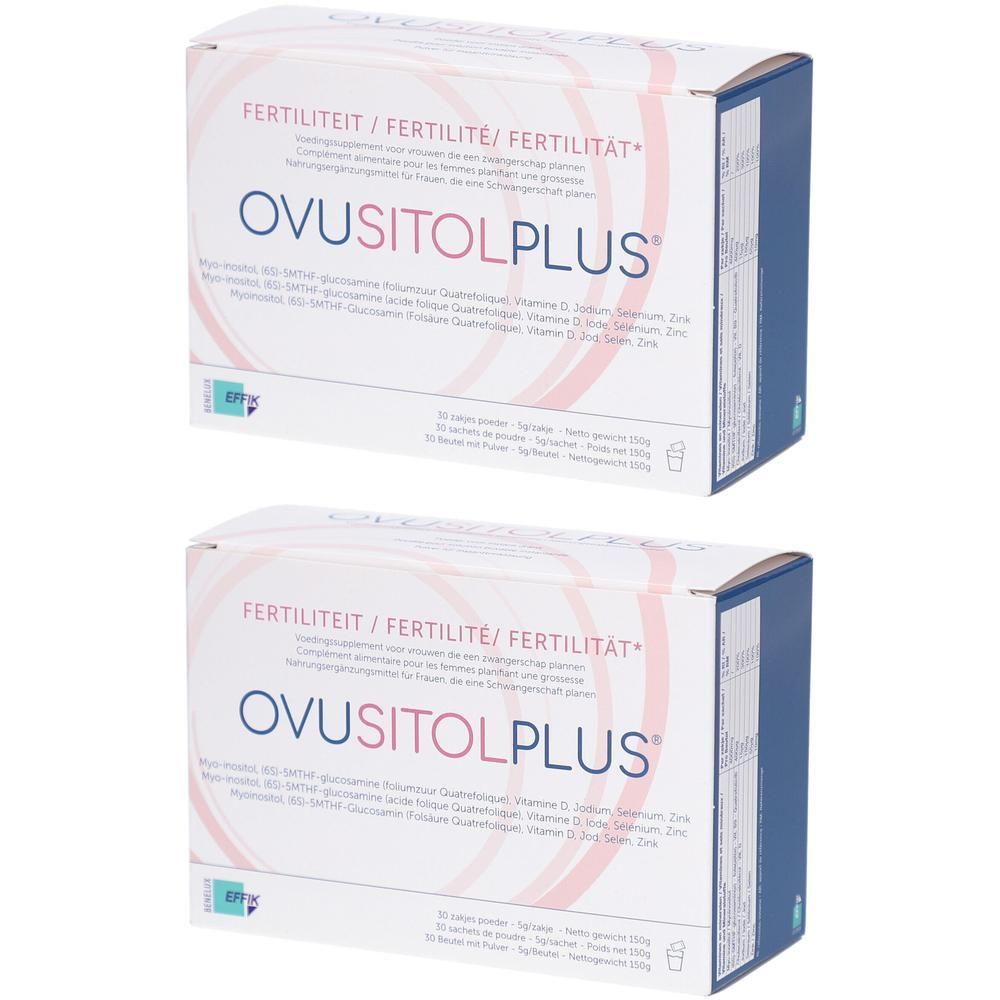 Deux boîtes d'Ovusitolplus®. Emballage blanc avec texte bleu et rose. Contient 30 sachets. Inscription : Fertilité.