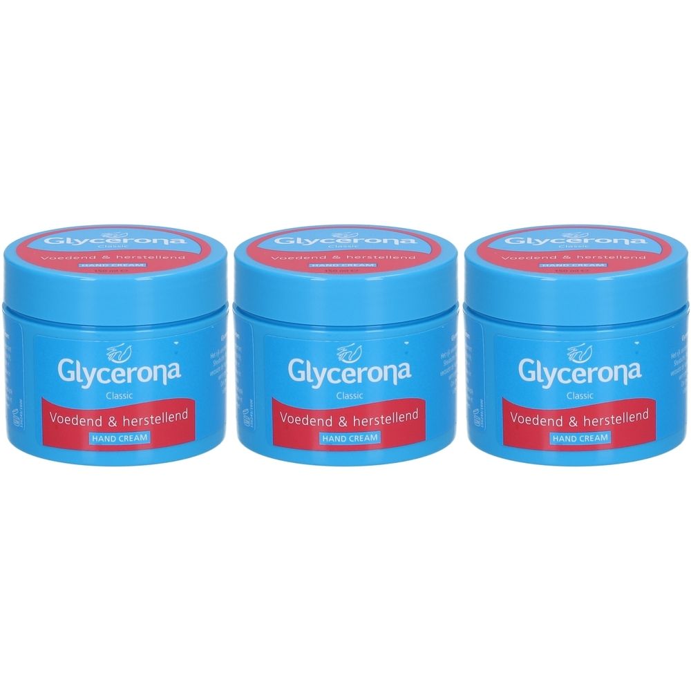 Drie blauwe potten met rode deksels. Opschrift: Glycerona, Voedend & herstellend, Hand Cream.
