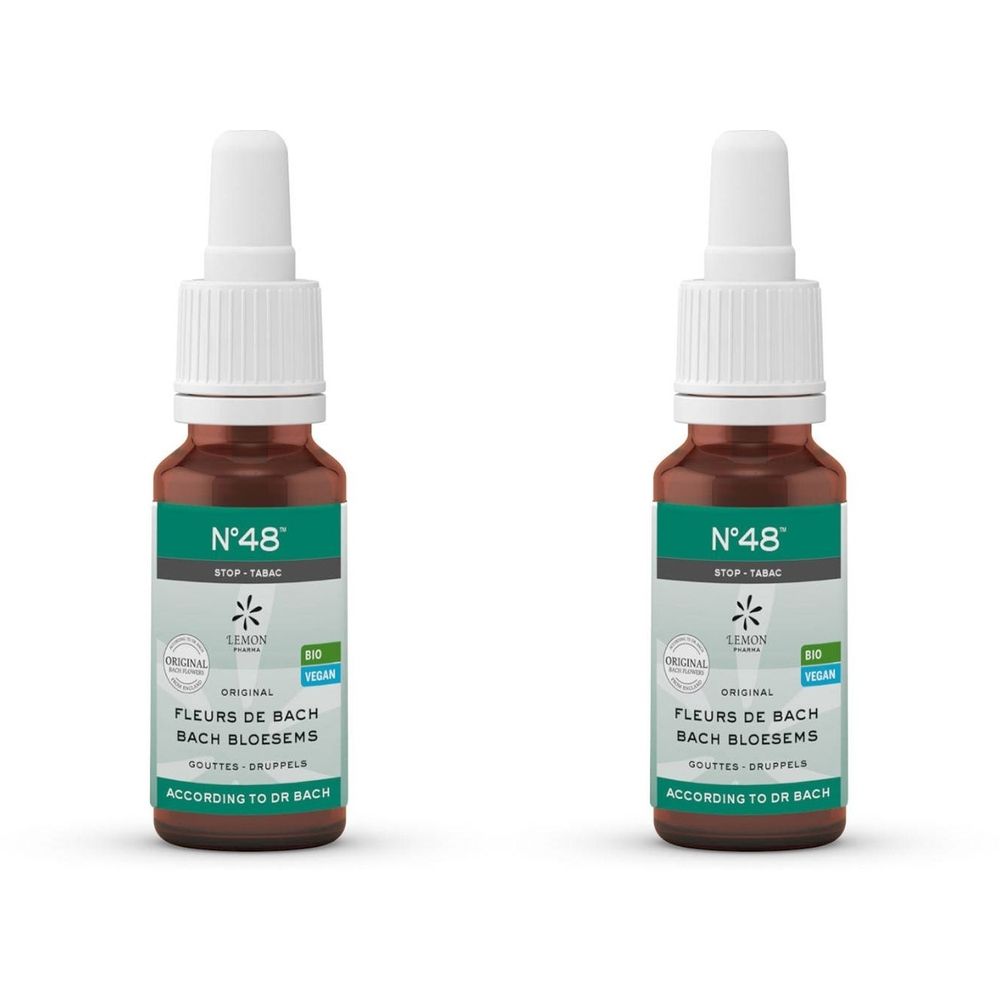 Deux flacons bruns avec bouchon blanc. Inscription N°48, Fleurs de Bach, Bio, Vegan. Flacons compte-gouttes.
