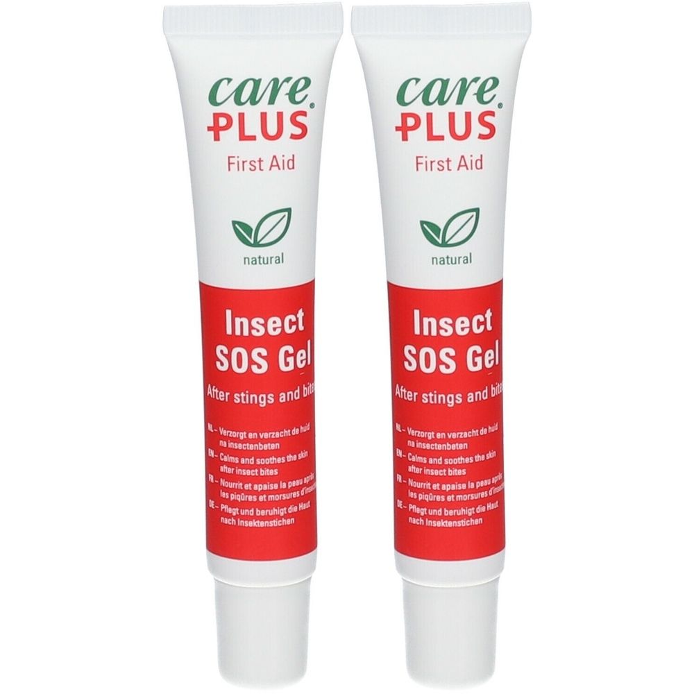 Deux tubes de gel Care Plus First Aid Insect SOS. Tubes blancs avec partie inférieure rouge et texte vert. Inscription : Insect SOS Gel.