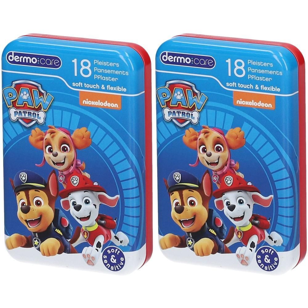 Twee dozen pleisters met Paw Patrol-motief. Blauwe verpakking met rode rand. Bevat 18 pleisters.